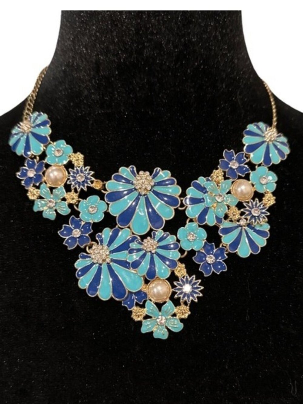 Amrita Singh Statement Necklace Navy Blue Enamel Rhinestone Faux Pearl 18 Inch